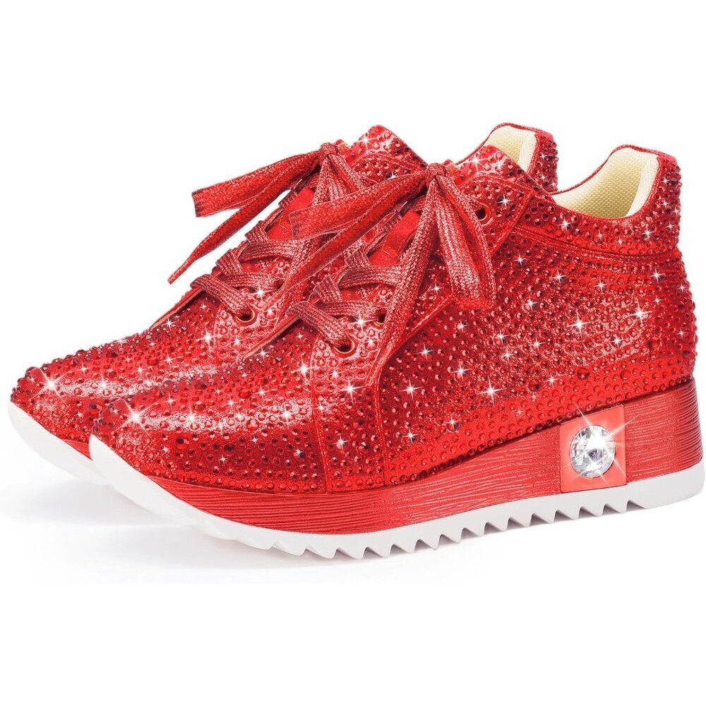 ⚡Women's Red Fashion Glitter Sneaker Platform Wedge Shoes Sparkly Rhinestone - Picture 3 of 5